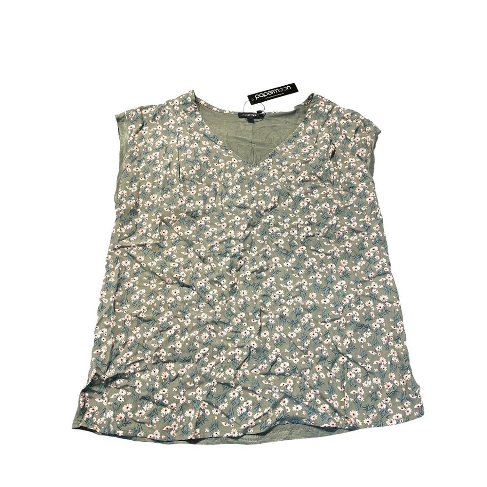 Papermoon Womens Floral Button-Back V-Neck Top Size M Green & White